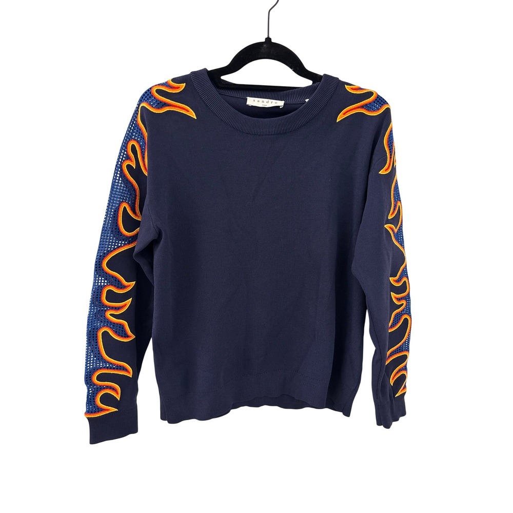 Sandro Paris Navy Blue Flame Embroidered Mesh Sleeve Crewneck Sweater Size SM